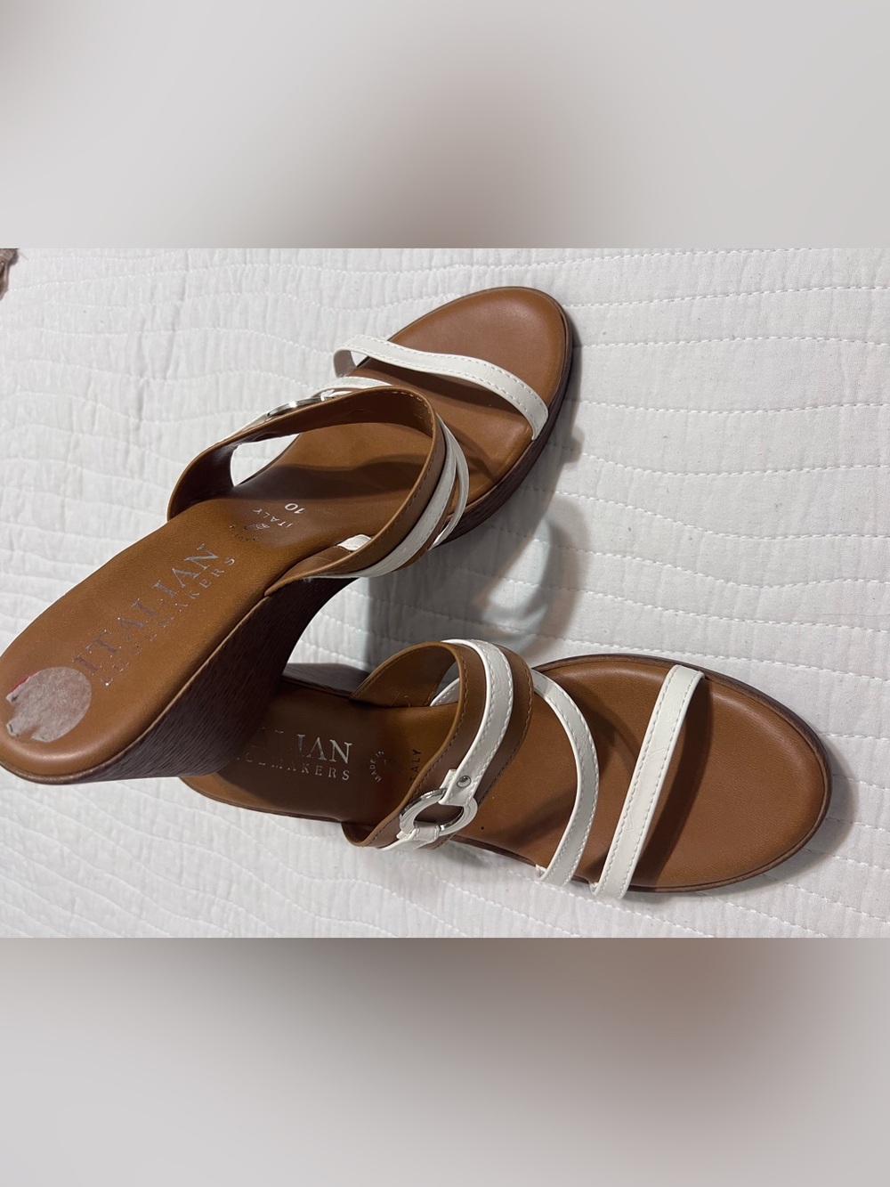 Italian Shoemakers Brown Wedge Sandals with White Straps
